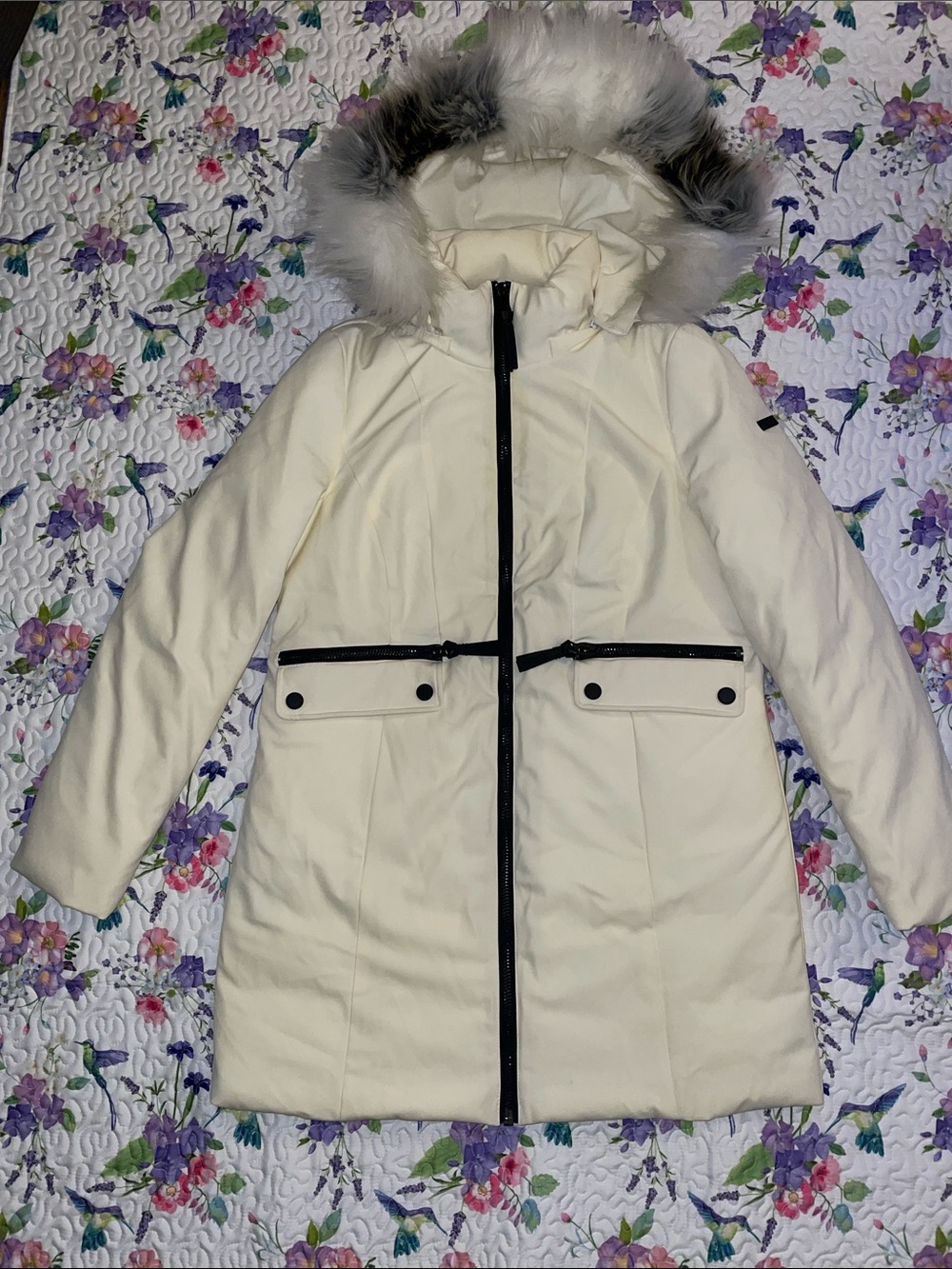 Derek Lam 10 Crosby M Women's Cream Hooded Coat with Faux Fur Trim